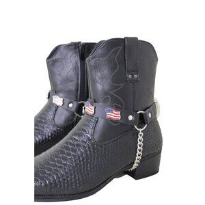 Men Biker Silver Boots Chains Straps Pair Black Leather American Flag Charms USA